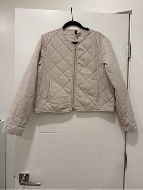 Quilted Collarless Crewneck Jacket in Light Beige